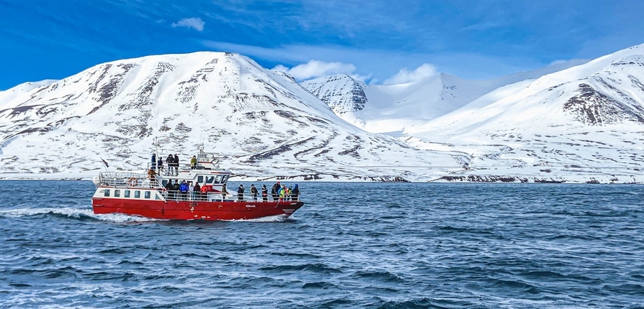 Winter whale watching boat in front of a mountain and blue skies / Copyright: Visit North Iceland